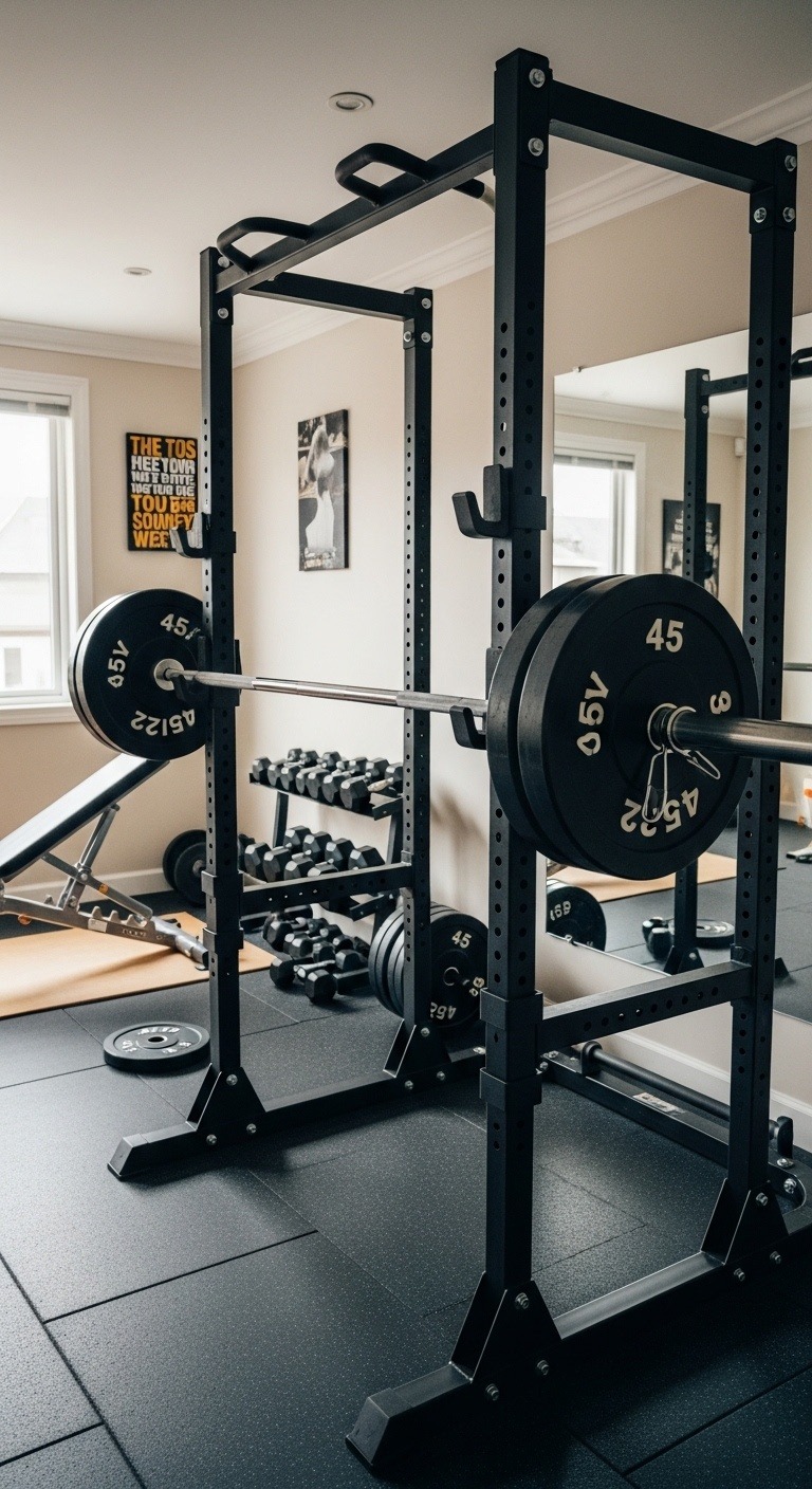 Barbell on Squat Rack in Home Gym