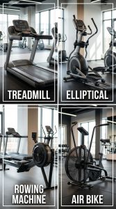 Cardio machines names with images showing treadmill, elliptical, rowing machine, and air bike