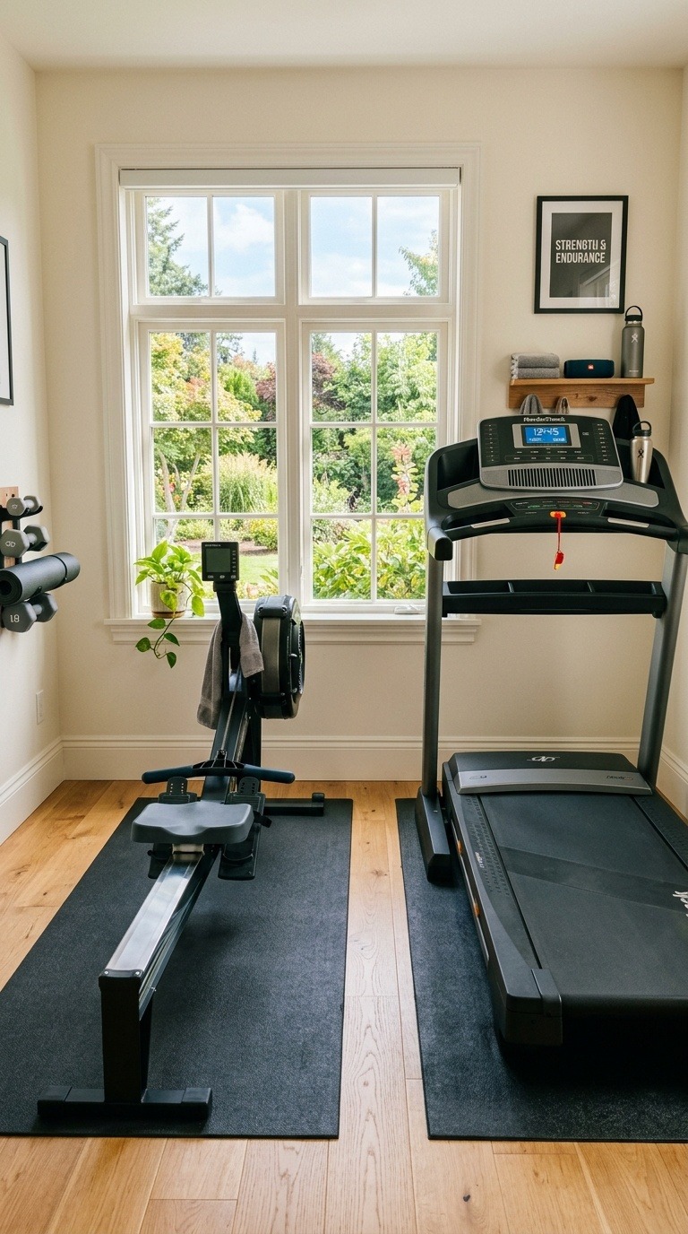 Home gym layout with cardio machines including a rowing machine and treadmill near a window