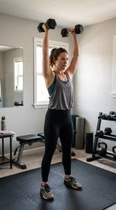 Woman completing a strength workout with dumbbells in a home gym setting