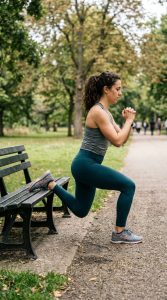 Woman performing a Bulgarian split squat with rear foot elevated on a bench