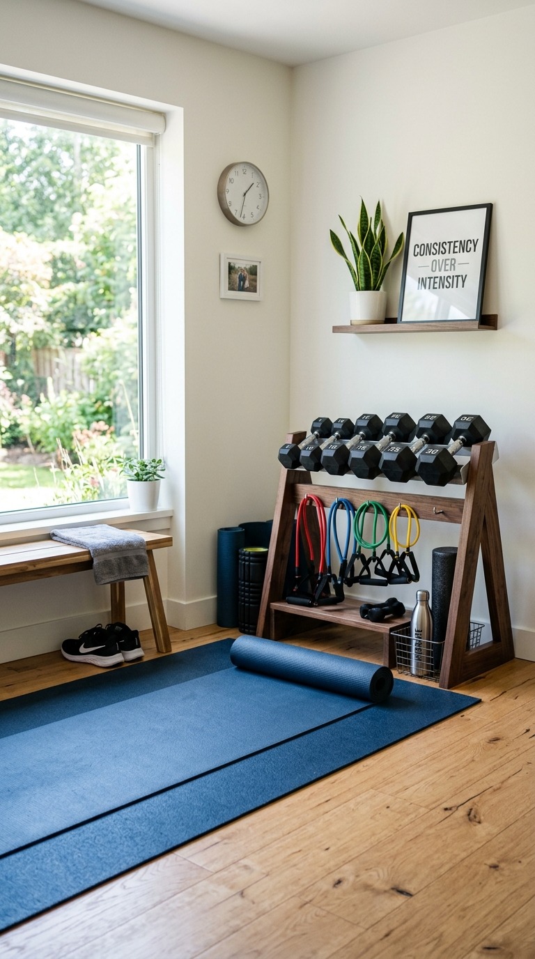 At-home gym equipment for women set up in a small bright corner
