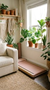 Pink walking pad styled in a living room corner with plants and neutral decor.