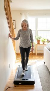 Older adult walking at a slow, controlled pace on a home walking pad.
