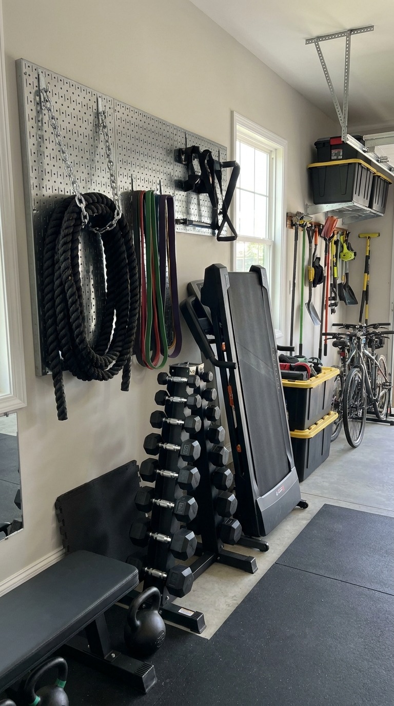 Organized garage home gym with wall-mounted chain hangers, resistance bands, and a vertical dumbbell rack.