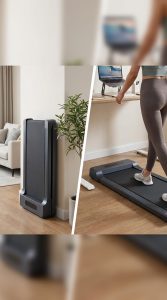 Walking pad shown folded for storage next to the same pad unfolded and in use.