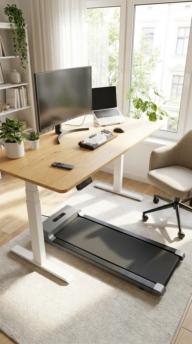 Slim walking pad set up under a standing desk in a home office.